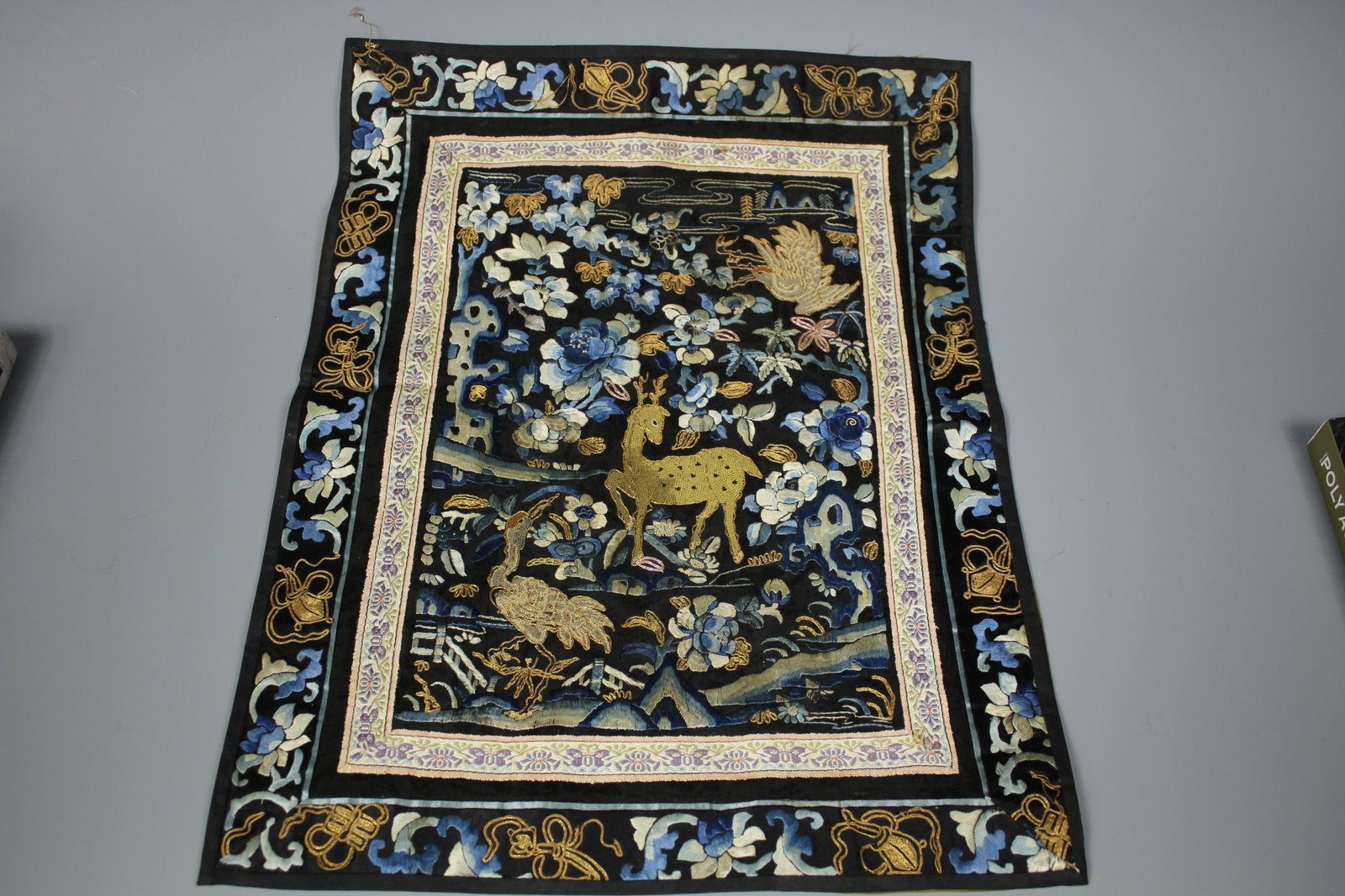 A Blue and Gold "Deer and Floralâ€ Embroidered: A Blue and Gold "Deer and Floral” Embroidered Textile, Qing Dynasty