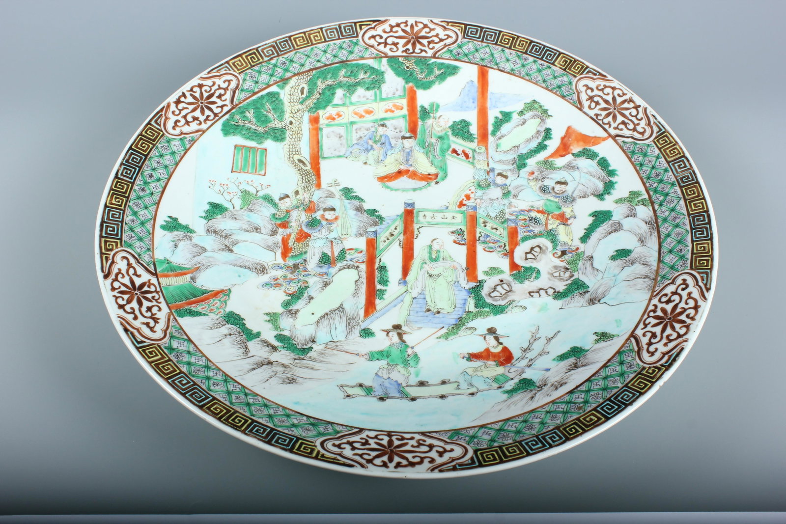 A Large Five-Colour Painted Plate, Middle Qing Dynasty: A Large Five-Colour Painted Plate, Middle Qing Dynasty