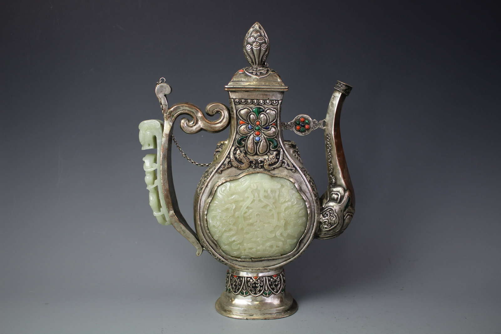 A Silver And Jade Ewer Marked Mengxiang, Qing Dynasty: A Silver And Jade Ewer Marked Mengxiang, Qing Dynasty