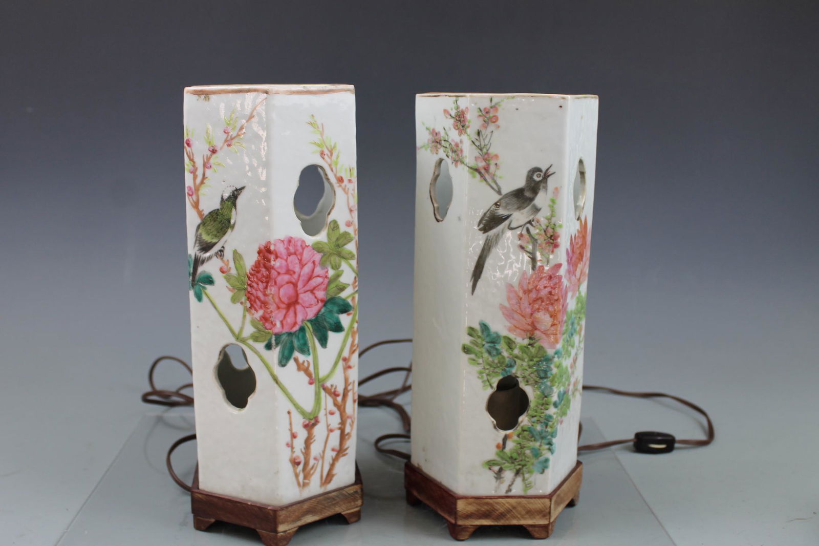 A Pair of Famille Rose 'Flowers and Birds' Hat Stands, (1 of 5)