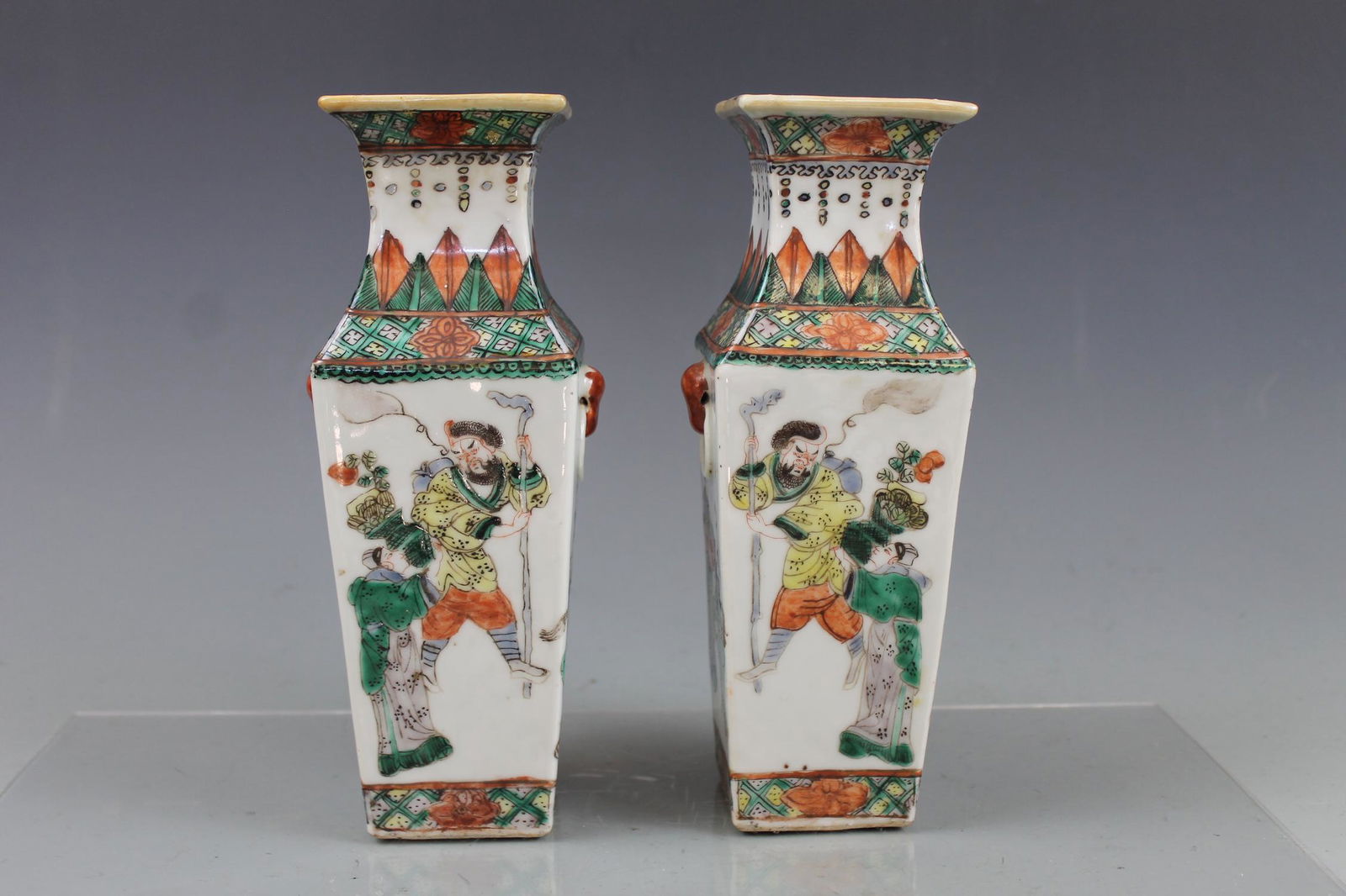 A Pair of Famille Verte 'Eight Immortals' Square Vases, (1 of 5)