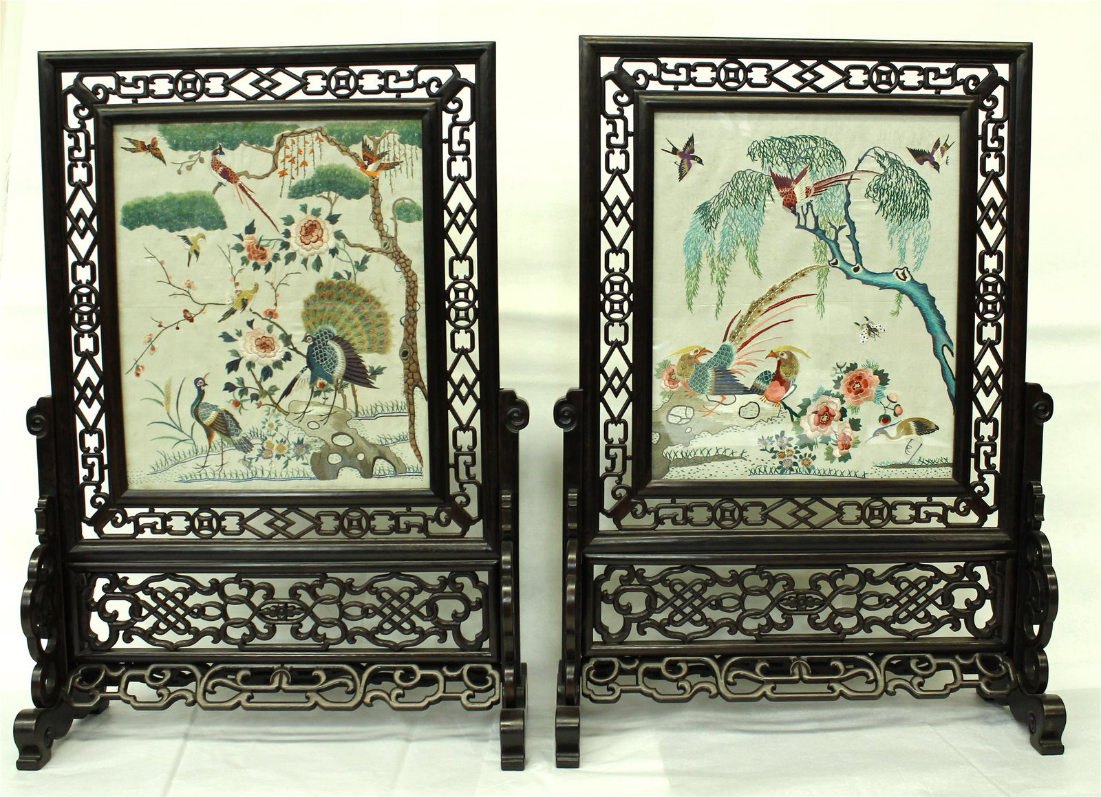 A PAIR OF CHINESE EMBROIDERED PANELS WITH FLOWER & BIRDS, QING DYNASTY (1 of 3)
