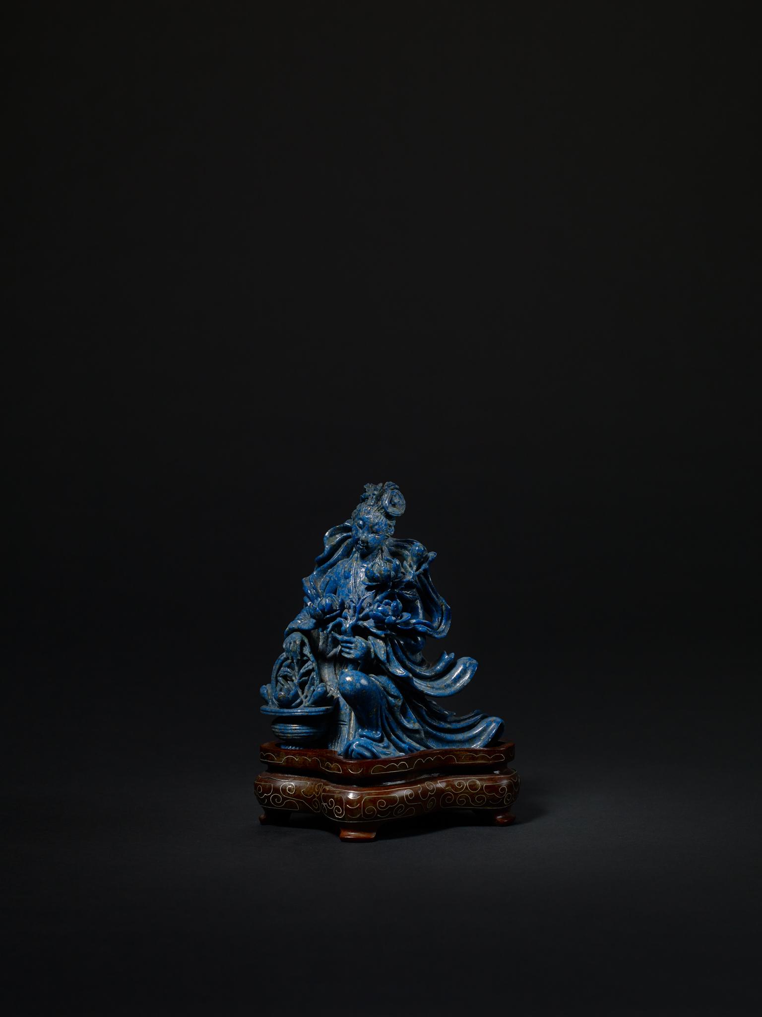 A RARE CARVVED LAPIS LAZULI: 青金石雕麻姑獻壽 11 cm Height QING (1644-1911 A.D.)