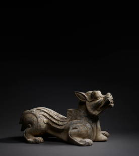 A VERY RARE POTTERY MODEL OF A FABULOUS ANIMAL., HAN (202 B.C.-220 A.D.): 漢 陶加彩神獸 43 cm Length 參閱：FAR EASTERN ART AT SPINK，1993，no1.