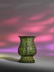 A RARE AND MAGNIFICENT RITUAL WINE VESSEL , 'GE' ZHI, LATE SHANG