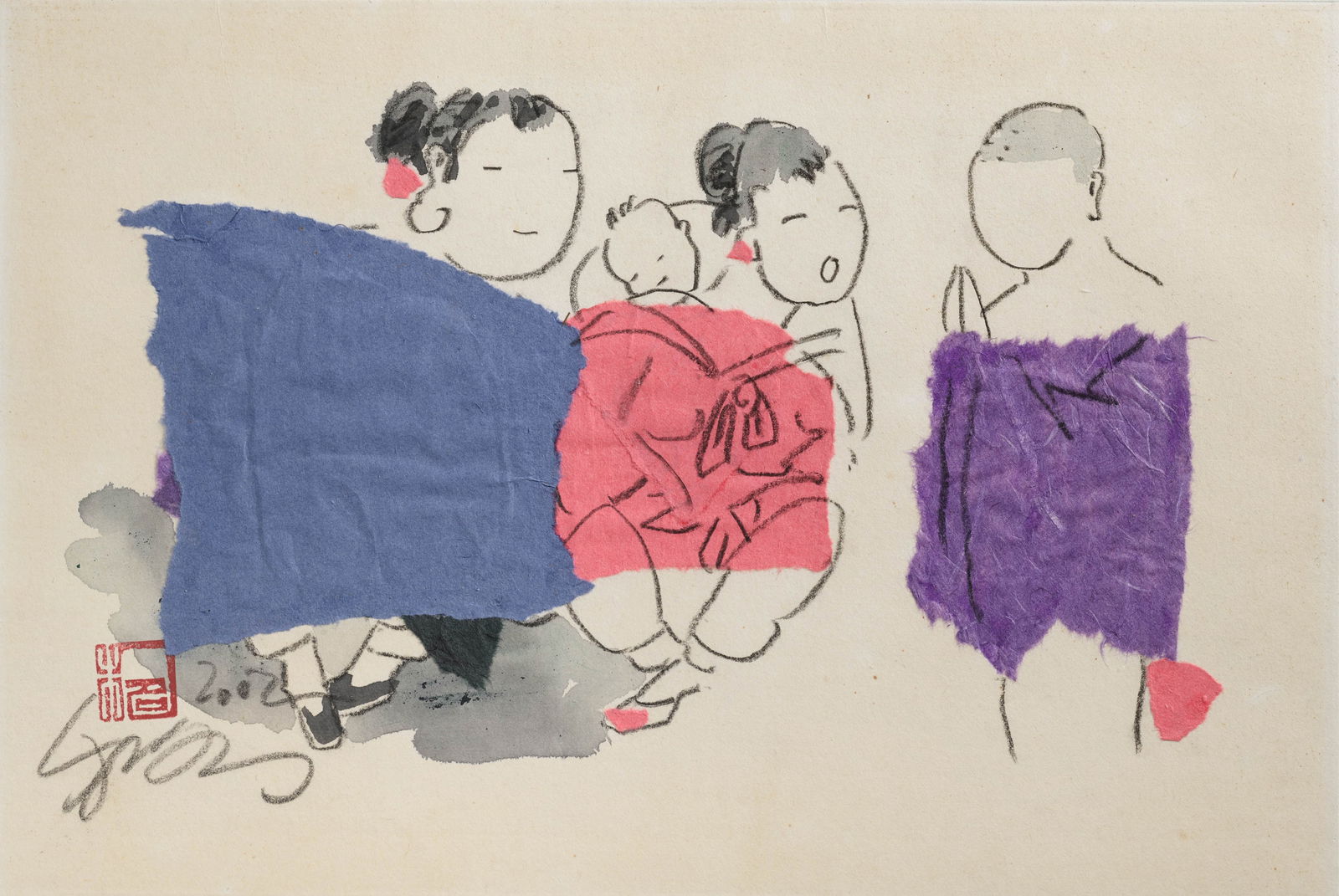 A FINE INK PAINTING OF FAMILY: 品名: 朱銘(1938-2023) 新水墨(2002) 作者(Artist): JU MING(1938-2023)。尺寸:32×49 cm。款識：「&