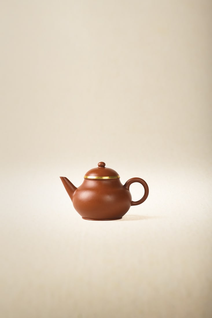A FINE ZISHA TEAPOT: 品名(title):清晚期 孟臣款 朱泥包金芭樂水平。年代(Age): LATE QING。 尺ë