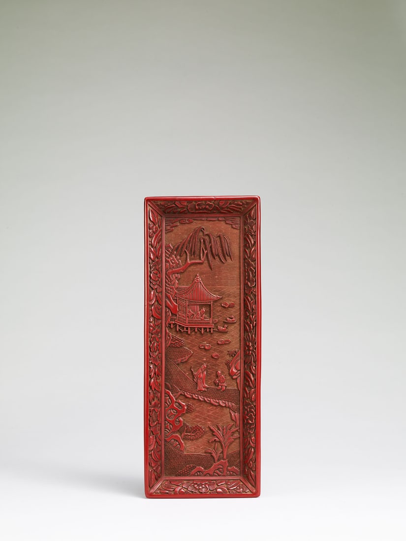 A RARE RED LACQUER DISH: 品名(title):明 剔紅羲之觀鵝軸盤。年代(Age): MING (1368-1644 A.D.)。 尺寸:33.3 cm Length, 13 cm Wid