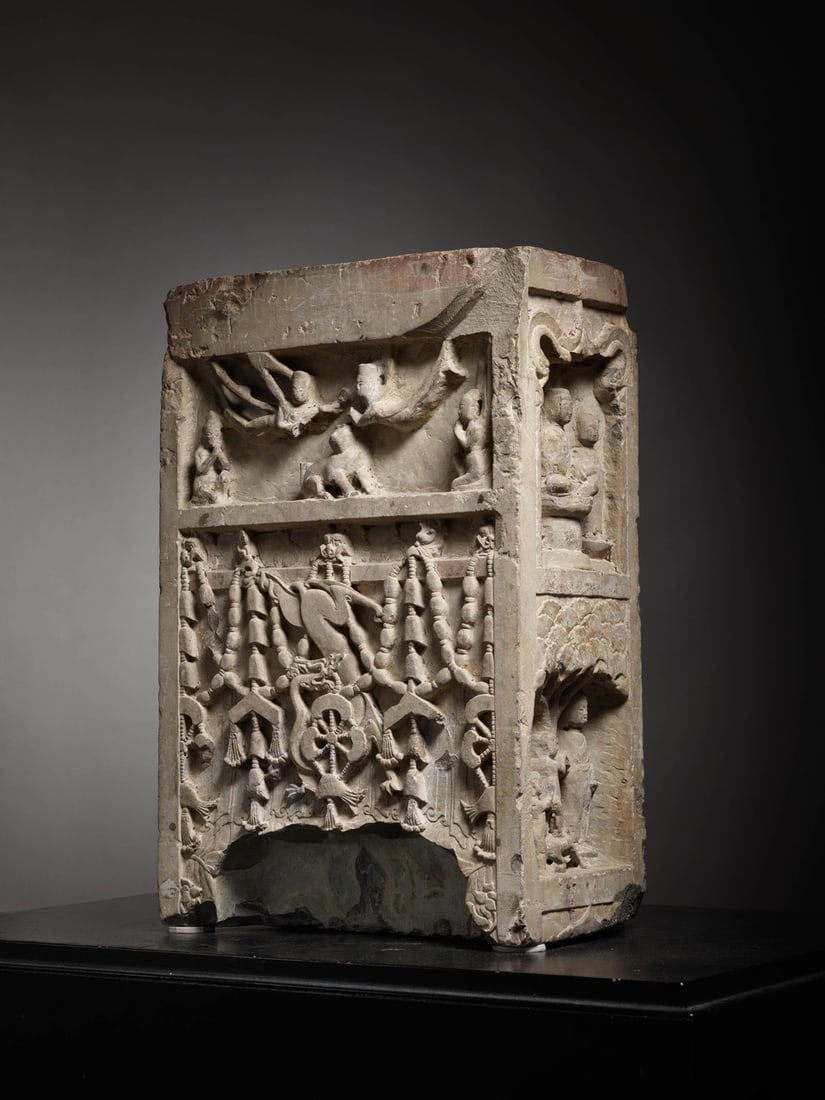 A GREY LIMESTONE BUDDHIST STELE (1 of 4)
