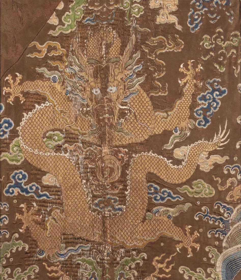 A BROWN-GROUND 'DRAGON' BROCADED HANGING PANEL (1 of 1)