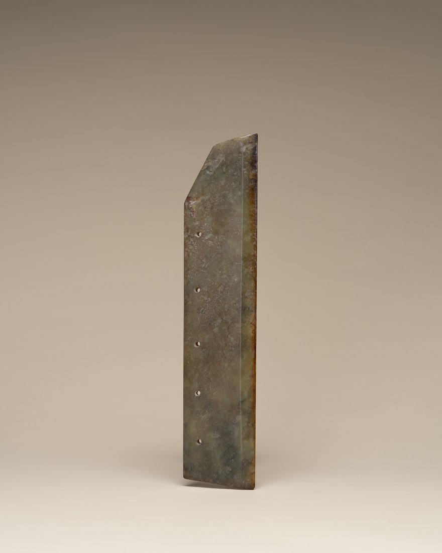 A JADE BLADE: 品名(title):文化期 五孔玉刀。年代(Age): NEOLITHIC PERIOD。 尺寸:27 cm Length。