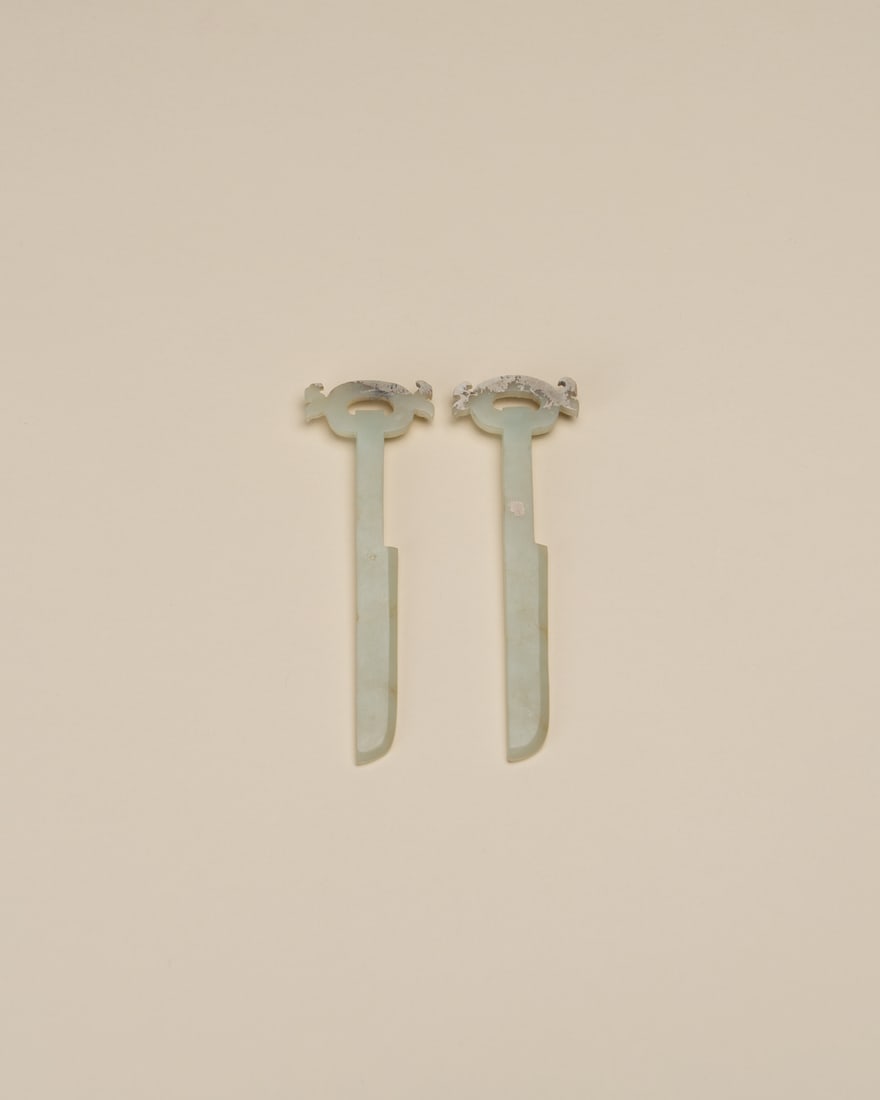 A PAIR OF JADE 'PHOENIX' KNIVES (1 of 1)