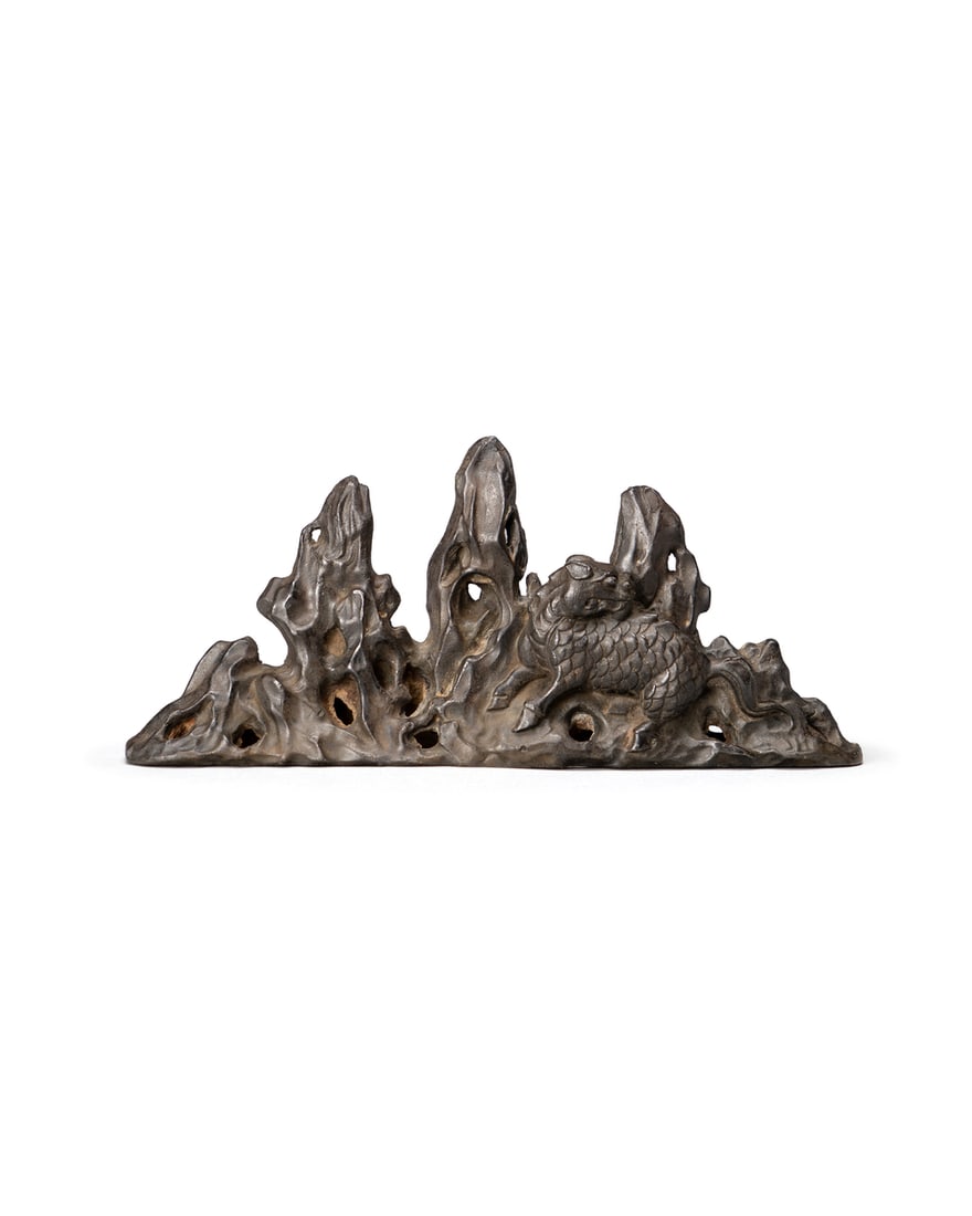 A BRONZE SCHOLAR'S ROCK BRUSH REST AND A FULL-RUBBING (1 of 2)