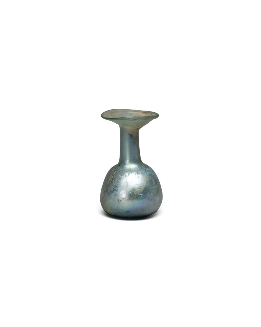 A GLASS VASE: 品名(title):唐至宋 料胎盤口瓶。年代(Age): TANG TO SONG。 尺寸:11 cm Height。 來源ʍ