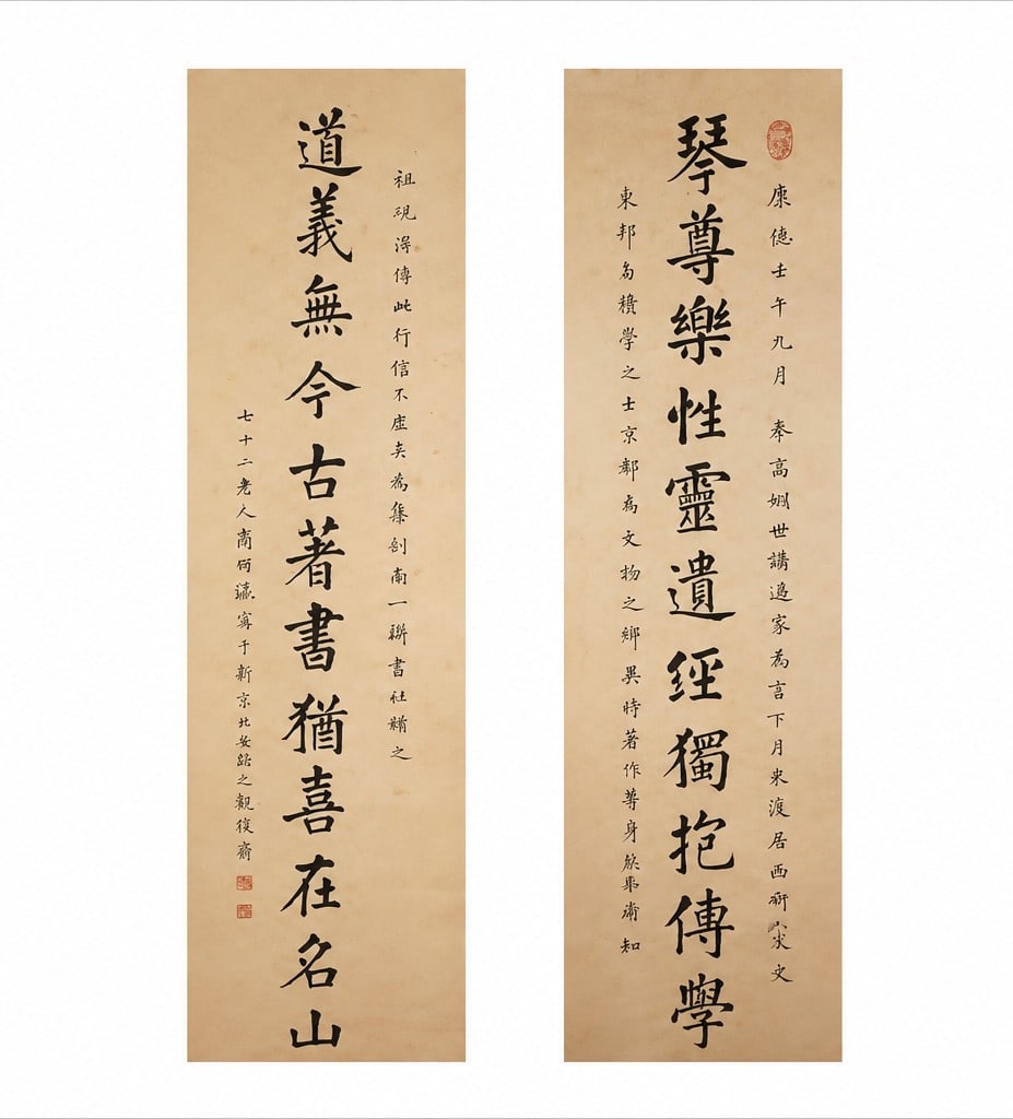 CALLIGRAPHIC COUPLET: 品名(title):商衍瀛 (1871-1960) 對聯。作者(Artist): SHANG YANYIN (1871-1960)。 尺寸:各31.4×144.5 cm。