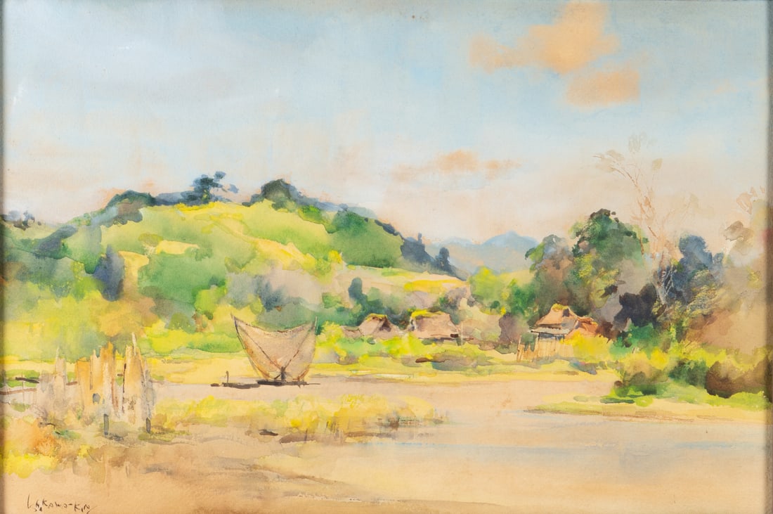 A POND SIDE SCENE: 品名(title):石川欽一郎(1871－1945) 池畔。作者(Artist): ISHIKAWA KINICHIRO(1871－1945)。