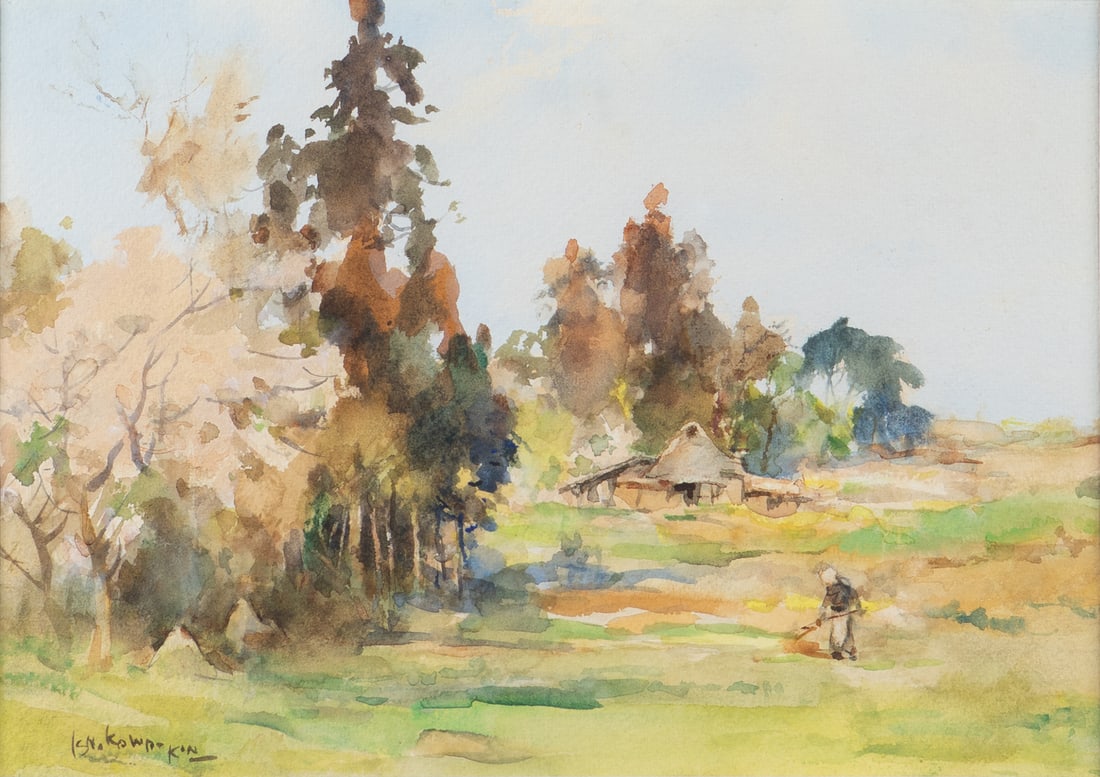 A SPRING COUNTRYSIDE SCENE: 品名(title):石川欽一郎(1871－1945) 郊外春色。作者(Artist): ISHIKAWA KINICHIRO(1871－1945)。