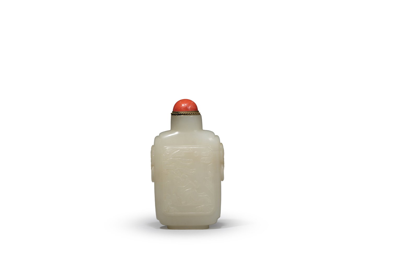 A WHITE JADE 'EROTIC' SNUFF BOTTLE (1 of 3)