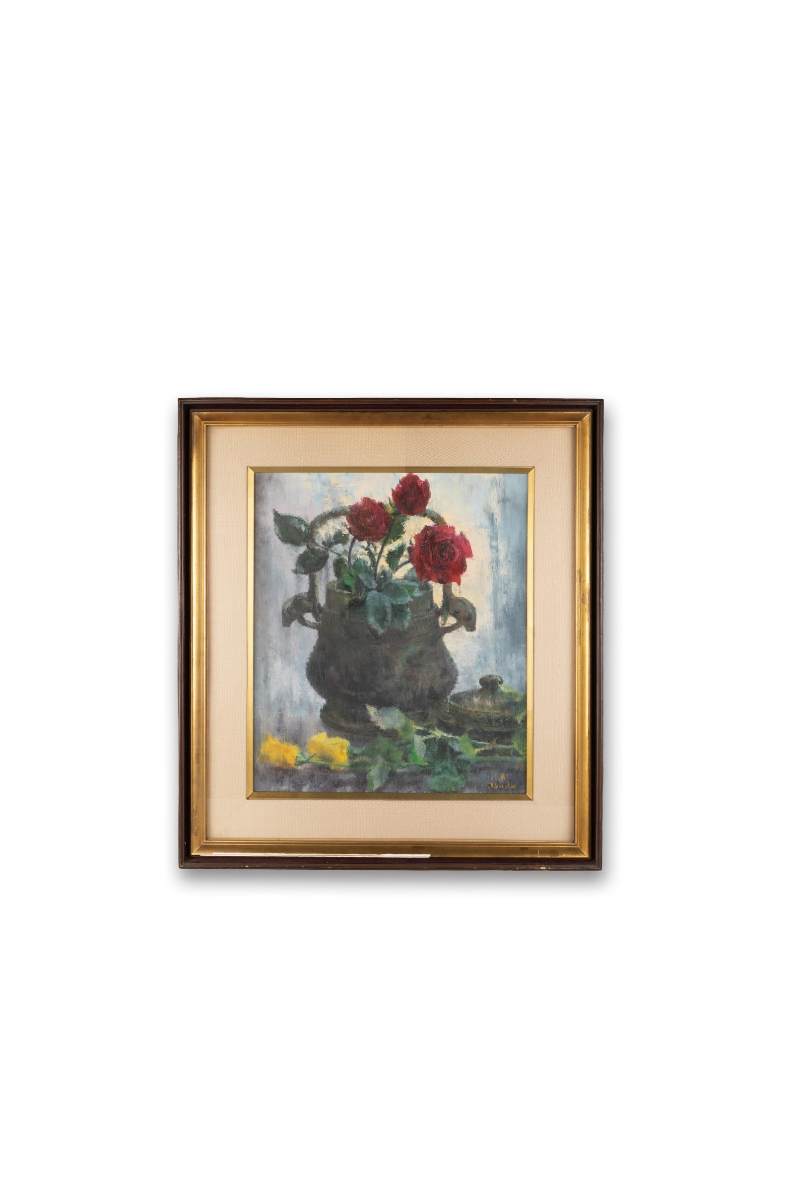 AN OIL PAINTING OF ROSE AND BRONZE VESSEL (1 of 2)
