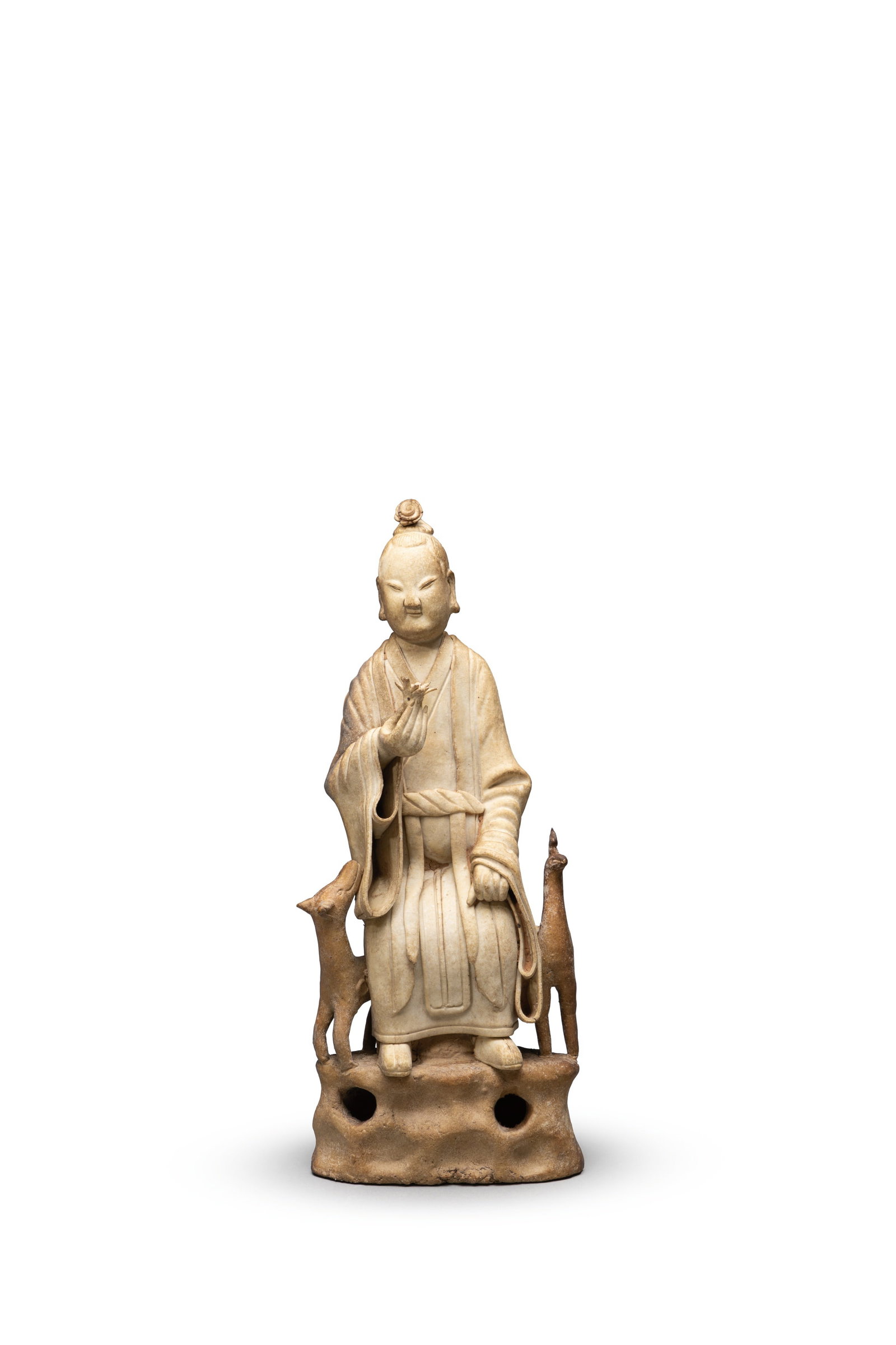 A BISCUIT FIGURE OF DONGFANG SHUO: 年代(Age):YUAN(1271-1368 A.D.) 。尺寸(Size):12.5 cm Length, 30 cm Height。