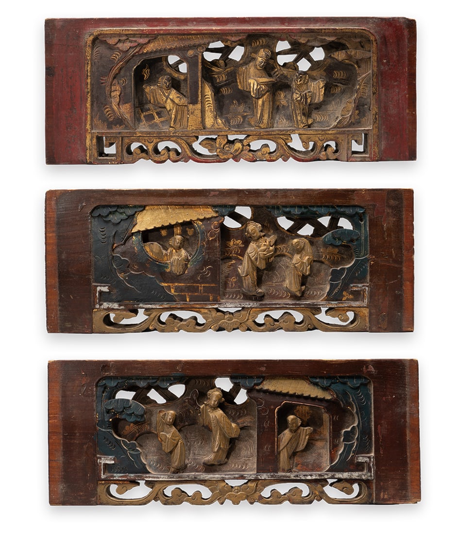 A SET OF GILT-WOOD FIGURAL PANELS: 年代(Age):QING(1644-1911 A.D.) 。尺寸(Size):Various Sizes (38.3 cm Maximum Length)。