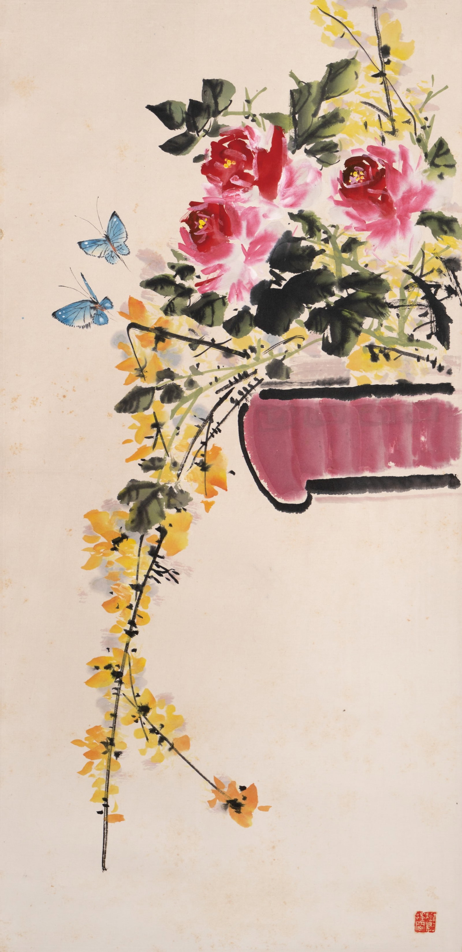 A CHINESE PAINTING OF BUTTERFLIES AND FLOWERS (1 of 2)
