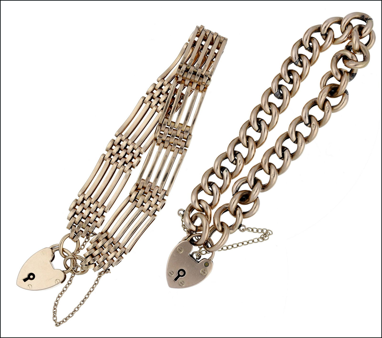 Jewellery: Two chain bracelets, comprising a gate-link bracelet, with padlock clasp stamped â€˜9ctâ€™, and a hollow curb-link bracelet, links stamped â€˜9câ€™, to padlock clasp, hallmarked. &po