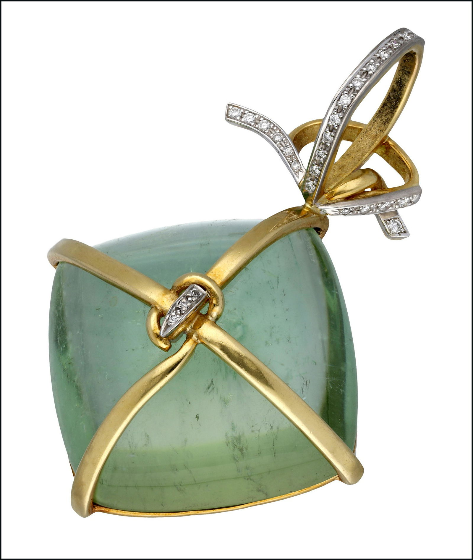 Jewellery: A green beryl â€˜giftâ€™ pendant, by Andrew Grima, the square domed cabochon wrapped in a crossover tie, with diamond highlights to the centre, beneath an angular bow surmount inset with a li