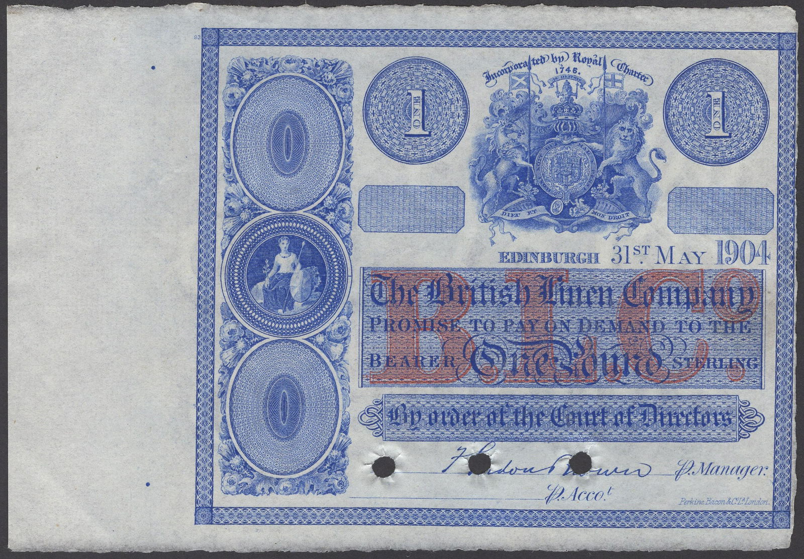 British Banknotes: British Linen Company, specimen £1, 31 May 1904, no serial number, F. Gordon Brown signature, on watermarked paper, three cancellation holes, uncirculated PMS BL 44gs, Pick 170es £160-&pou