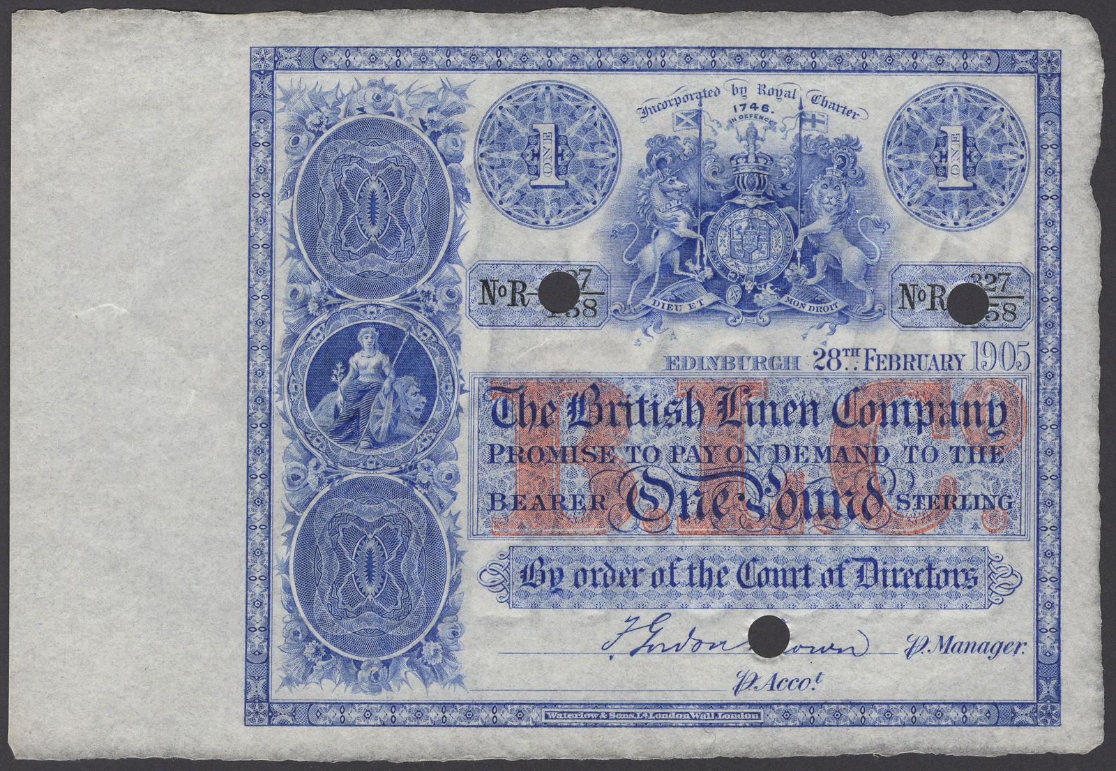 British Banknotes: British Linen Company, specimen £1, 28 February 1905, no serial number, F. Gordon Brown signature, three large cancellation holes, uncirculated PMS BL 49, Pick 175s £160-£200 ------