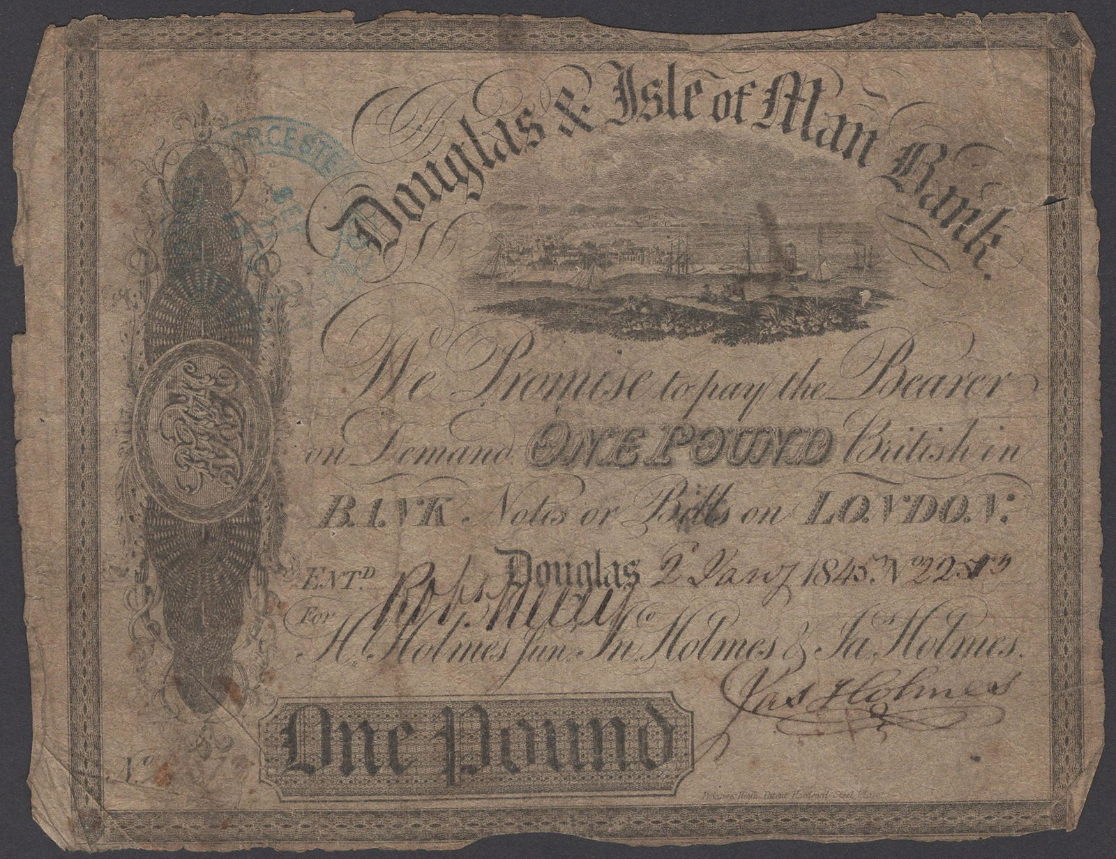 British Banknotes: Douglas & Isle of Man Bank, James Holmes/ Robert Kelly, £1, 2 January 1845, serial number 22573, signed Jas Holmes and Robert Kelly, blue handstamp on obverse and reverse, good IOMPM M233, Pick
