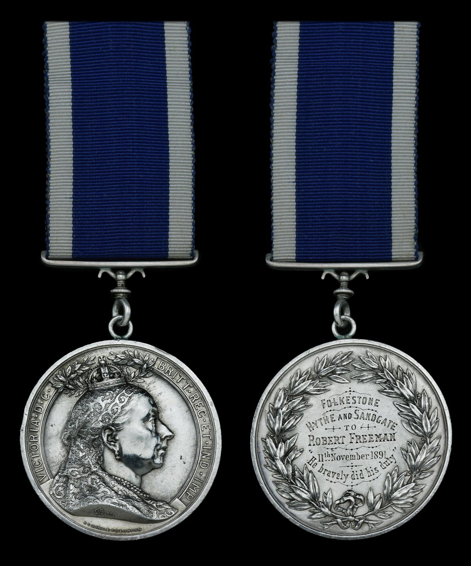 Life Saving Awards: Folkestone Hythe and Sandgate Medal, silver, the reverse inscribed â€˜To Robert Freeman, 11th November 1891. â€œHe bravely did his duty”â€™, fitted with split ring and silver bar su