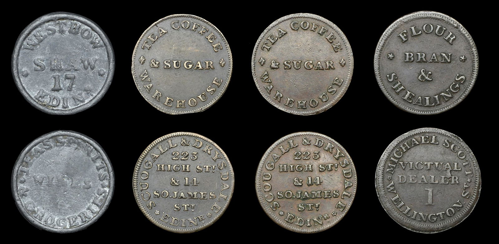 The Collection of Scottish Tokens Formed by the Late: MIDLOTHIAN, Edinburgh, Michael Scott, Farthing, 3.20g/5h (DH 120; W 7247); Scuogall & Drysdale, Farthings (2), error reading scougall, 2.76g/1h (DH 121 bis; cf. W 7249 but Batty correct), correction r