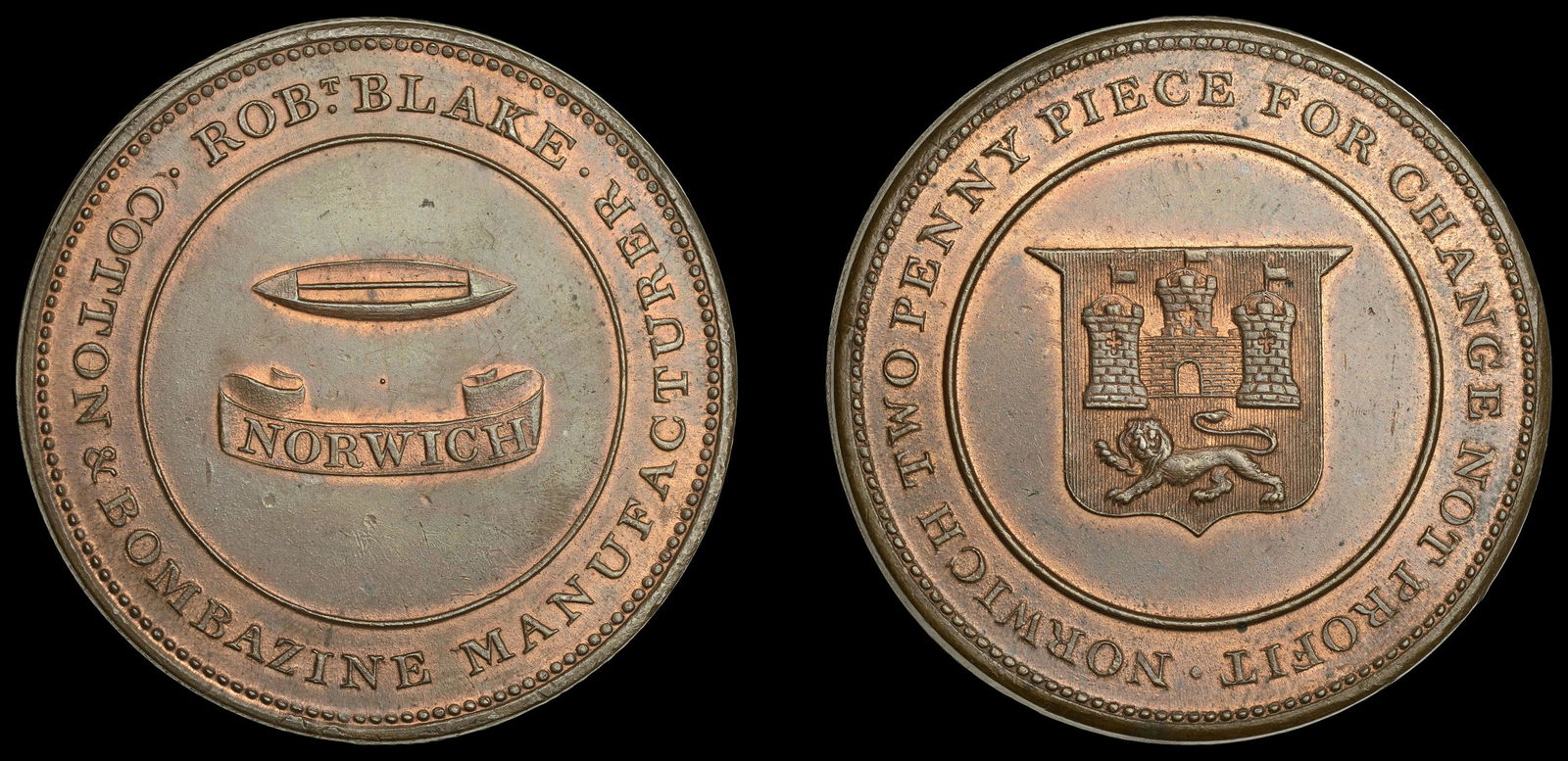 19th Century Tokens from the Collection of the Late: NORFOLK, Norwich, Robert Blake, Twopence, shuttle, rev. city arms, 45.47g/6h (W 910). Extremely fine with considerable original colour; the best specimen seen by the cataloguer £150-£200 -