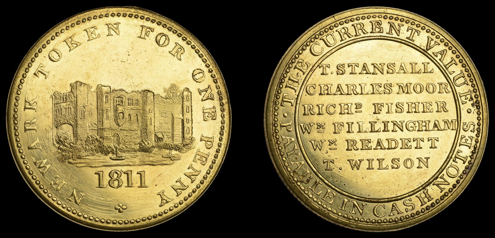 19th Century Tokens from the Collection of the Late: NOTTINGHAMSHIRE, Newark, Thomas Stansall, Charles Moore, Richard Fisher, William Fillingham, William Readett and Thomas Wilson, Proof Penny, 1811, in gilt-copper, castle, River Trent in foreground, re