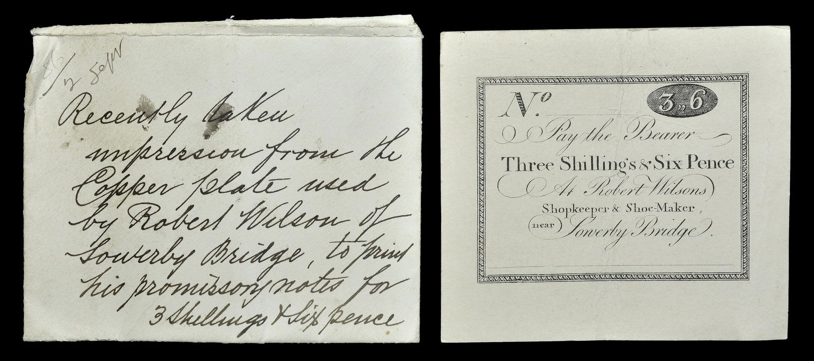 19th Century Tokens from the Collection of the Late: YORKSHIRE, Sowerby Bridge, Robert Wilson, card Three Shillings and Sixpence, a later impression from the original copper plate on the reverse of a postcard, c. 1900. Crease mark, otherwise very fine &