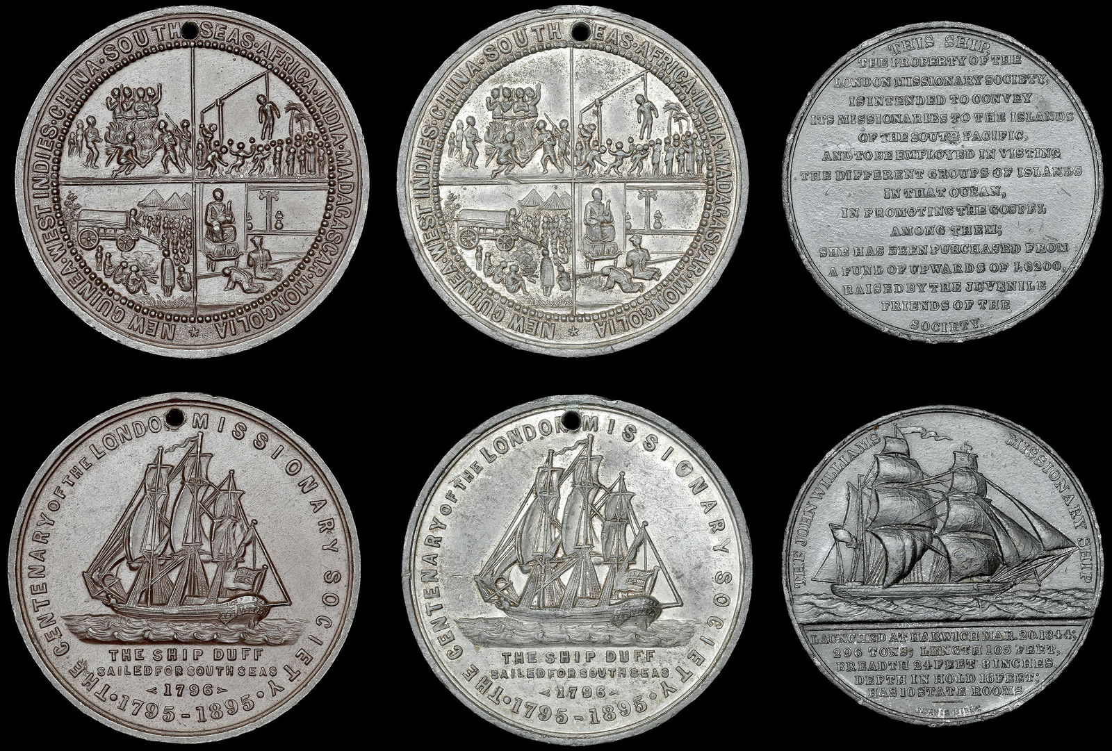 British Historical Medals from Various Properties: London Missionary Society, Launch of the John Williams, 1844, a white metal medal by J. Davis, 41mm (BHM 2201; E 1384); Centenary of the London Missionary Society, 1896, white metal medals (2, one bro