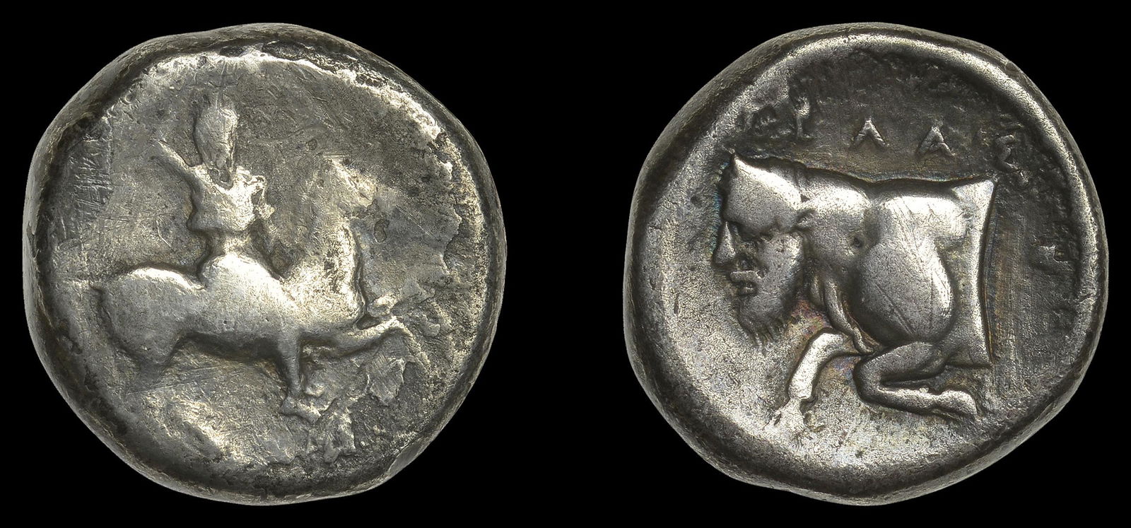 Ancient Coins from Various Properties: Greek Coinages, SICILY, Gela, Didrachm, c. 420-415, warrior on horseback right, holding spear, rev. forepart of man-headed bull left, 8.03g (McClean 2266; Pozzi 1016-17; Sear 802). Some minor corrosio