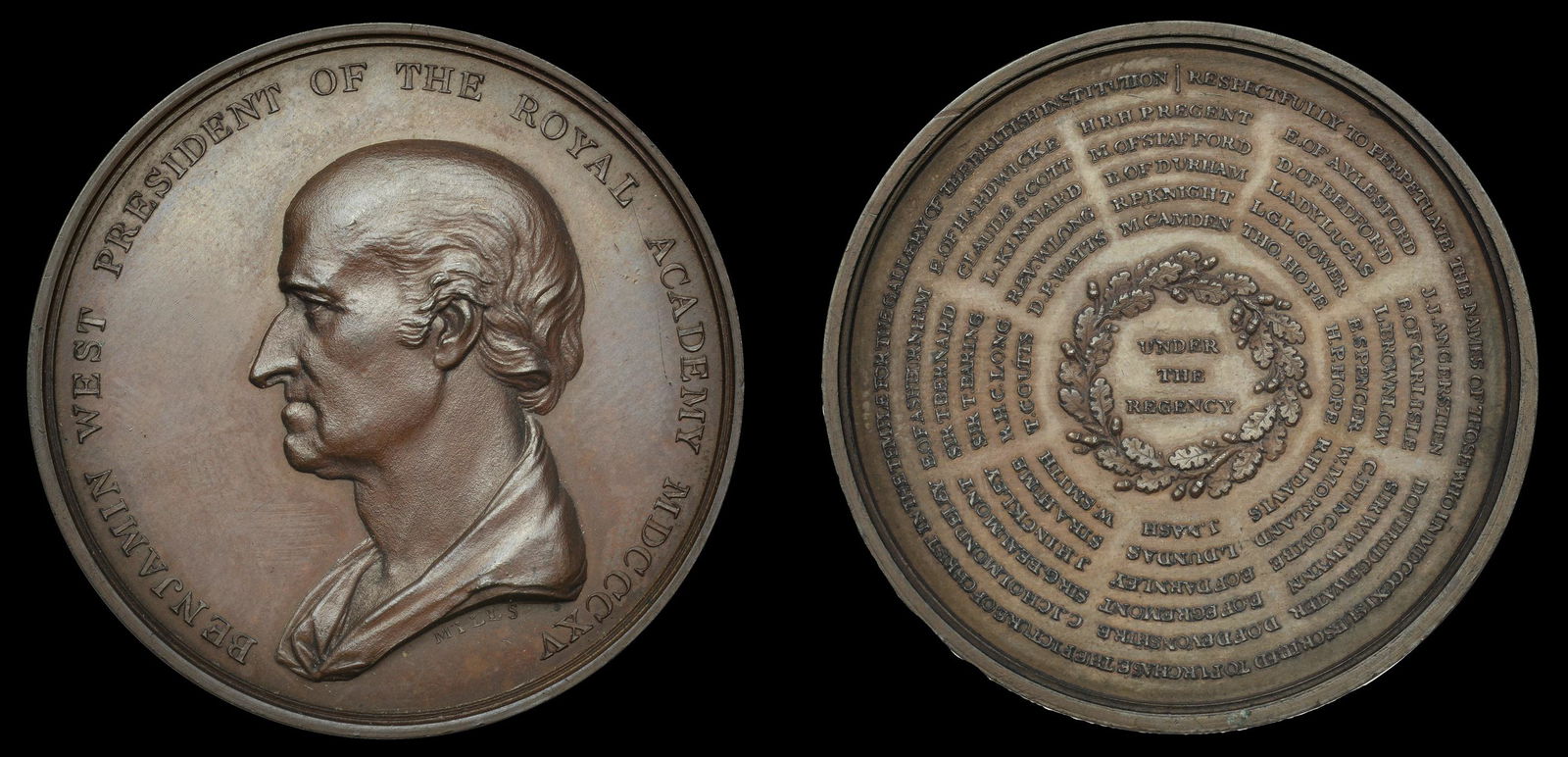 A Collection of Historical Medals, the Property of a: England, Benjamin West, Purchase of a Picture for the British Institute, 1815, a copper medal by G. Mills, bust left, rev. names of subscribers in lines around centre, edge named (Presented by Mr West