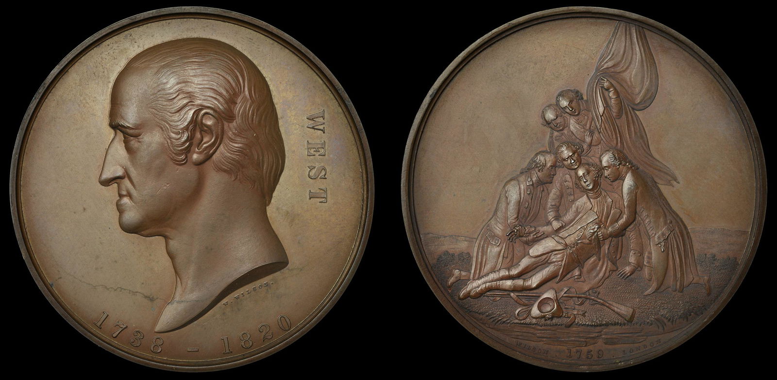 A Collection of Historical Medals, the Property of a: England, Benjamin West, 1866, a copper medal by W. Wilson for the Art Union of London, bust left, rev. central group of figures from Westâ€™s painting Death of Wolfe at Quebec, 55mm (BHM 2862; E