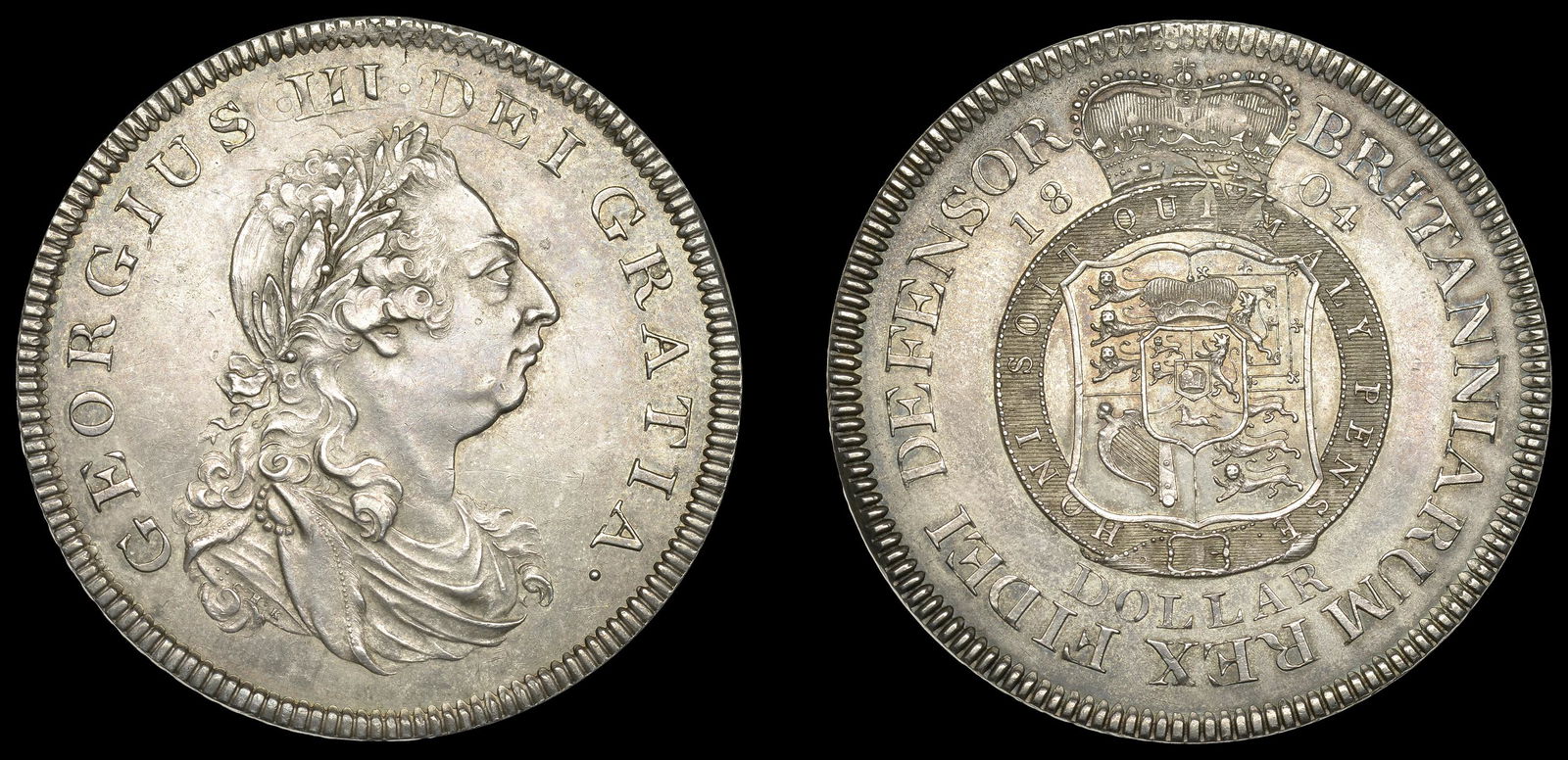 British Milled Coins: George III (1760-1820), Bank of England, Pattern Dollar, 1804, by C.H. KÃ¼chler, in silver, types I/3, laureate bust right, rev. shield in Garter, 27.00g/12h (L & S 91; ESC 1963 [182]; Selig 1243-4)
