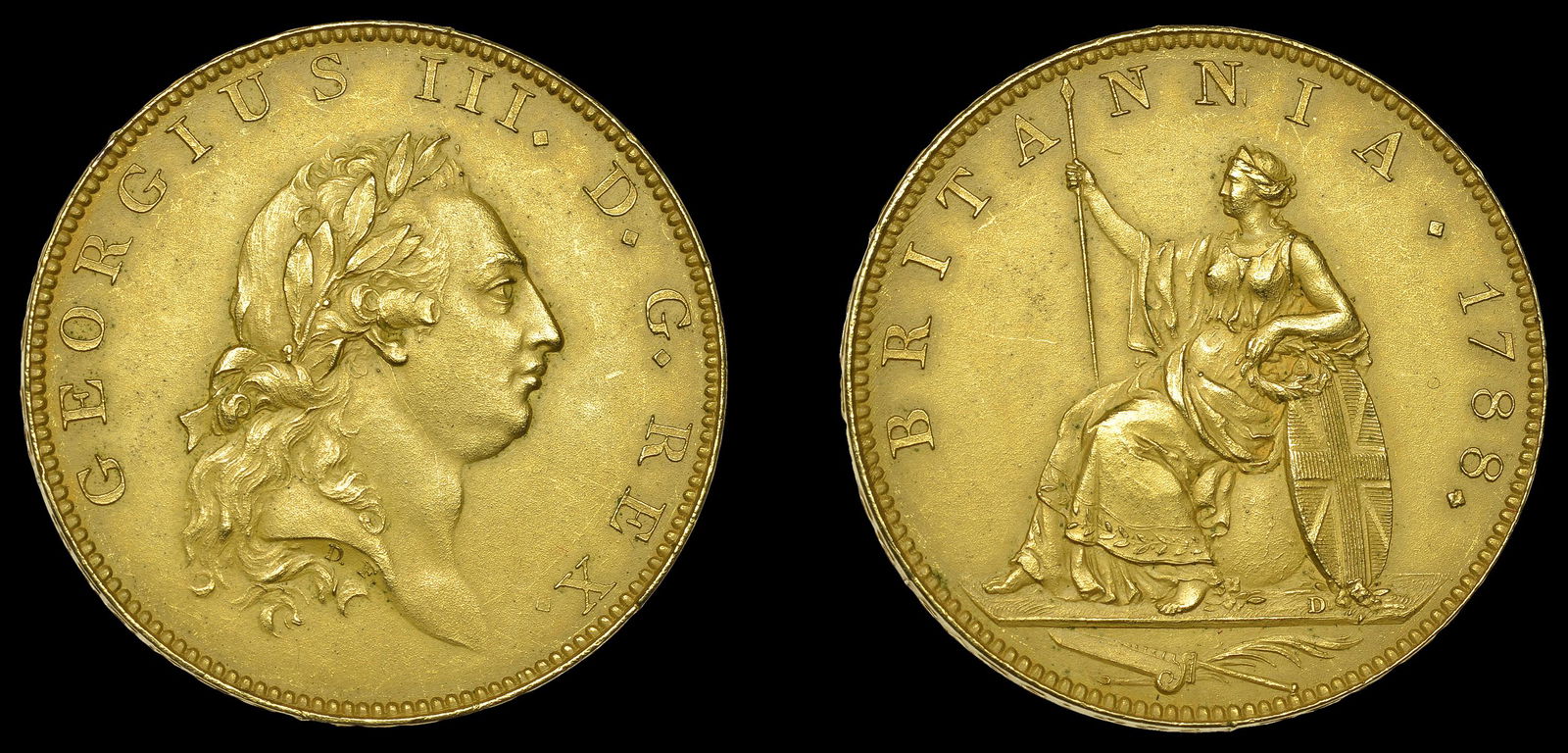 British Copper and Bronze Coins from the Hiram Brown: George III (1760-1820), Pattern Halfpenny, 1788, by J.-P. Droz, in brown-gilt copper, bust right, rev. Britannia seated left, edge render to cesar the things which are cesars, 15.00g/12h (BMC 966 [DH