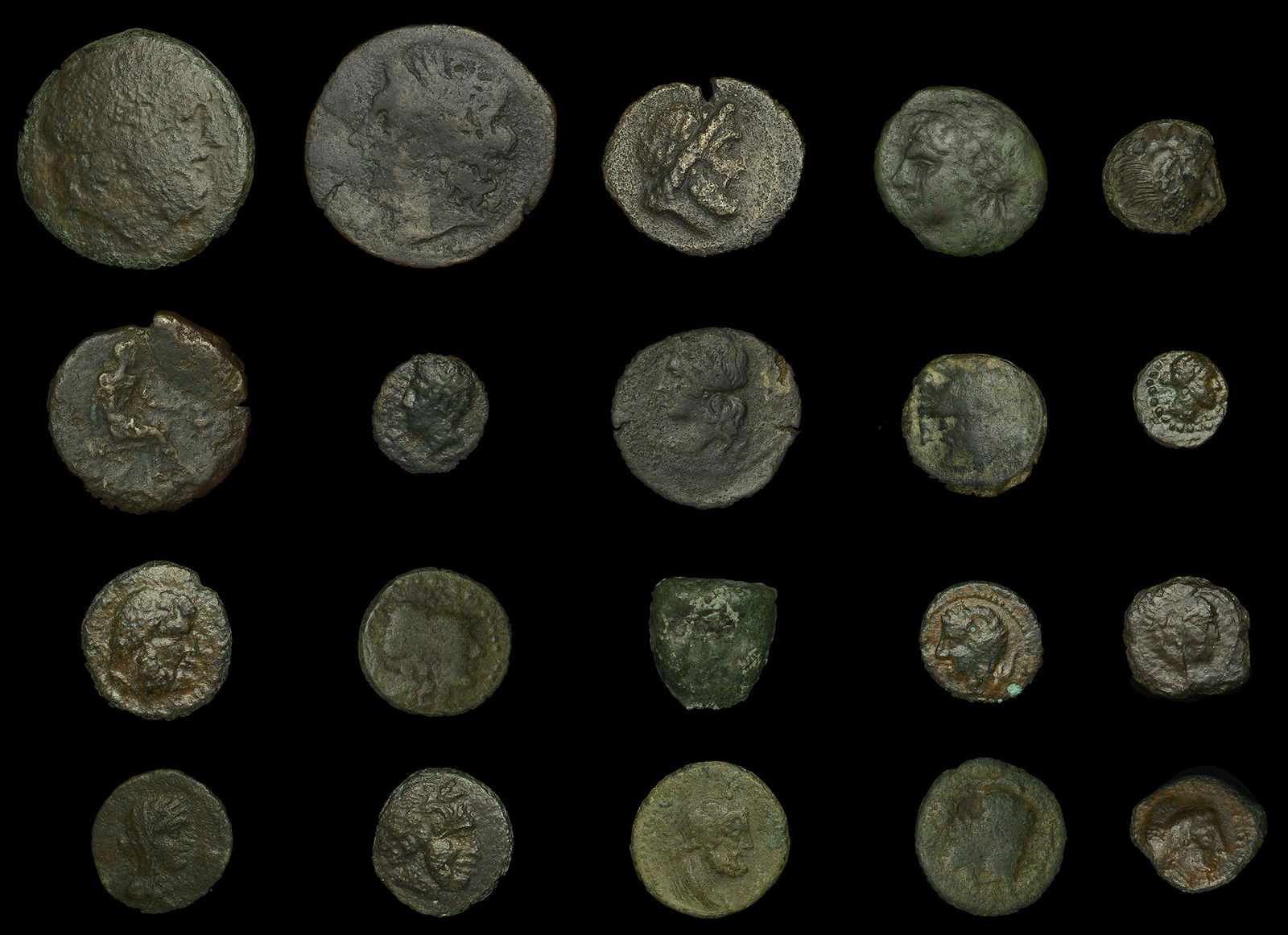Ancient Coins from Various Properties: Greek Coinages, SICILY, Selinos, Ã† Hemilitron, late 5th cent., head of Herakles right, wearing lion skin, 2.54g (SNG ANS 716-20); Lipara, Ã† Litra, 4th cent., Hephaistos seated right, holding h