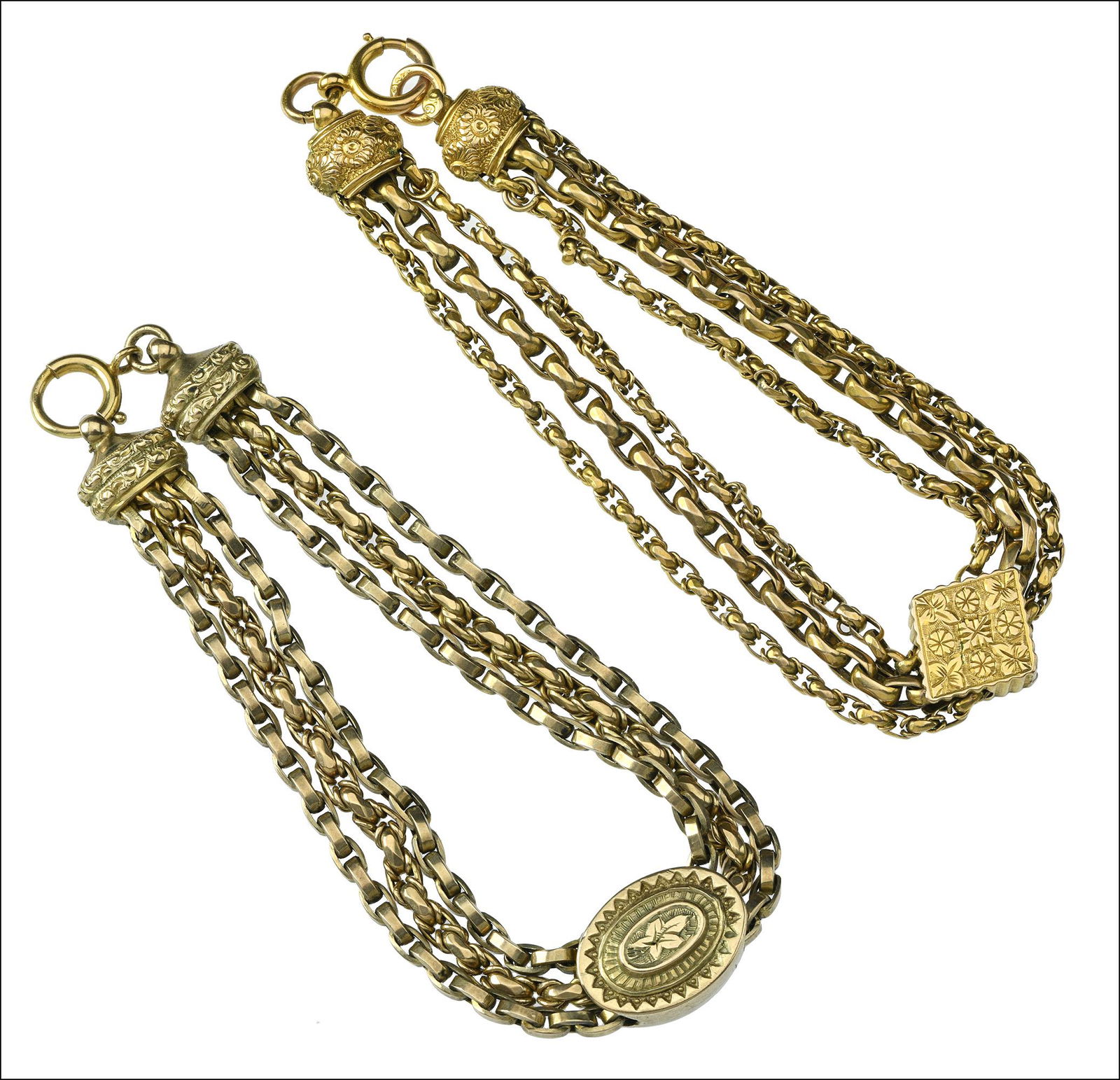 Jewellery: Two Victorian fob chain bracelets, each bracelet consist of three chains spaced by a divider with foliate detailing, to caped terminals and bolt ring clasp, stamped â€˜9ctâ€™ and â€˜9Câ�