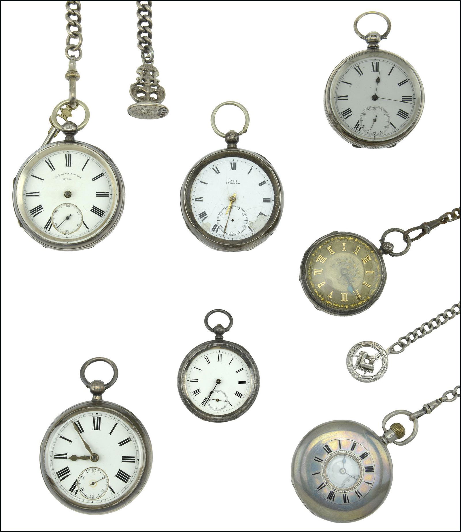 Watches: A collection of assorted pocket watches, mostly silver cased, including two with painted dials depicting erotic scenes, together with a walking with a silver cased pocket watch inset to the handle. &p