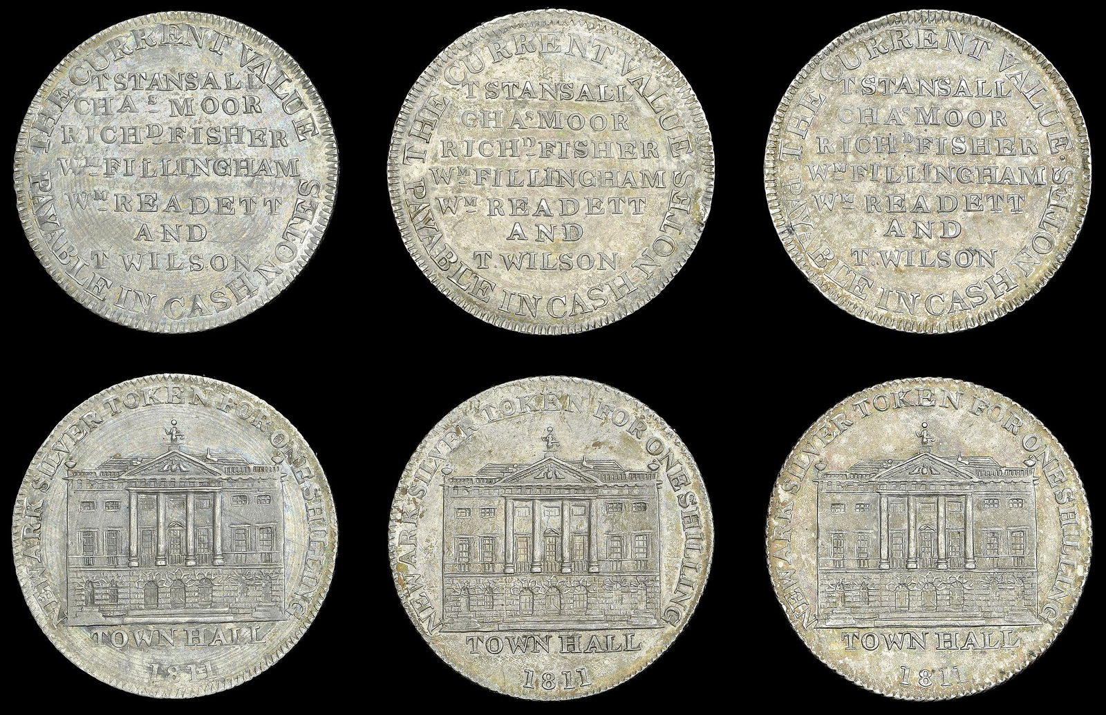 The Brian Dawson Collection of British Tokens: 19th Century Tokens, NOTTINGHAMSHIRE, Newark, Thomas Stansall, Charles Moore, Richard Fisher, William Fillingham, William Readett and Thomas Wilson, Shillings, 1811 (3), 3.87g/12h (D 4), 3.87g/12h (D