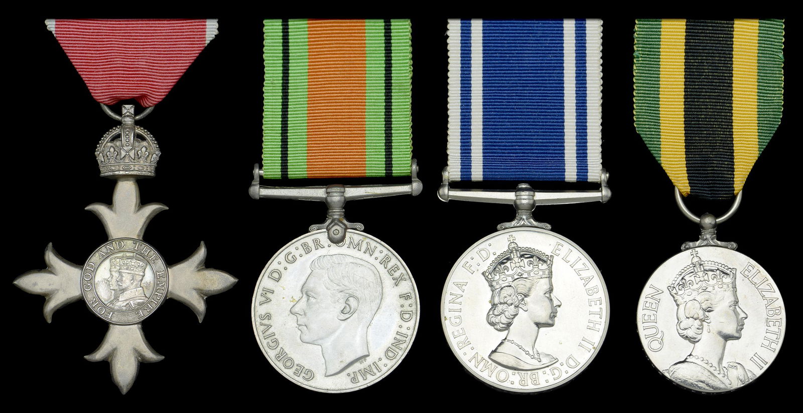 A Collection of Police Medals: A post-War M.B.E. group of four awarded to Superintendent of Police G. F. Mullin, Jamaica Police The Most Excellent Order of the British Empire, M.B.E. (Civil) Memberâ€™s 2nd type breast badge, s