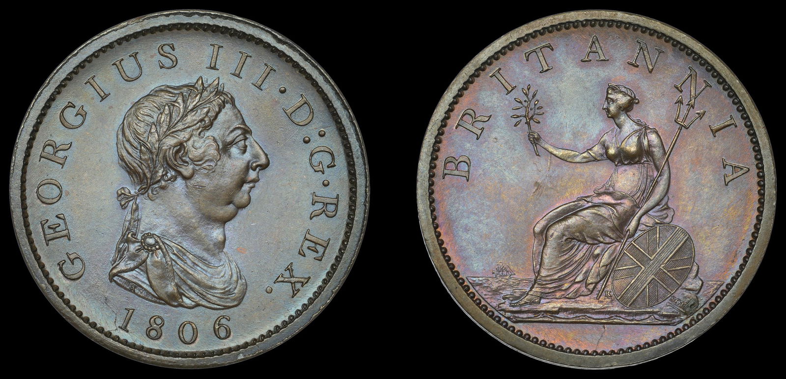 British Coins from Various Properties: George III (1760-1820), Pre-1816 issues, Proof Penny, 1806 (late Soho), in bronzed-copper, edge centre-grained, 18.99g/6h (BMC 1328 [KP 32]; Selig 1305; S 3780). About as struck £400-£500