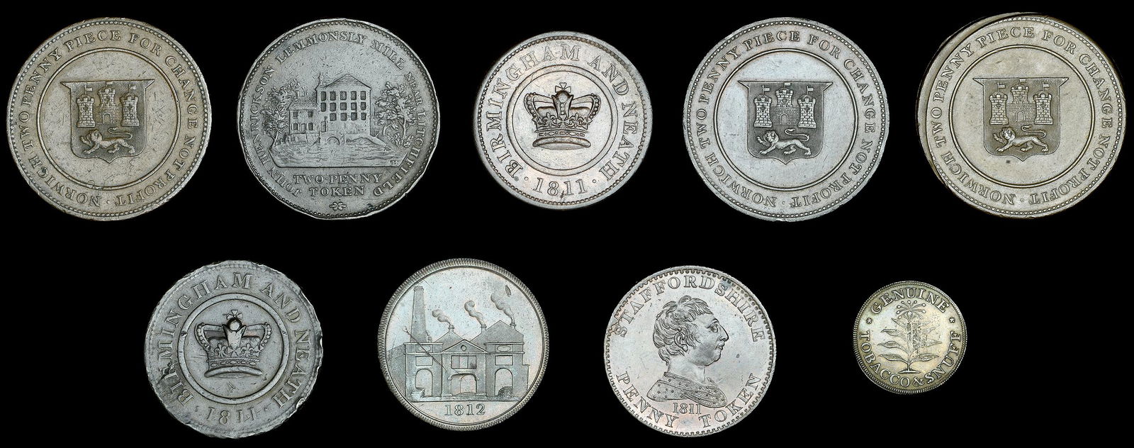 Duplicate 19th Century Tokens from the Collection of: NORFOLK, Norwich, Robert Blake, Twopences (3), 45.53g/6h, 45.24g/6h, 44.89g/6h (all W 910); NORTHUMBERLAND, Newcastle-upon-Tyne, John Elliott, Farthing, 1814, 3.07g/5h (W 889); STAFFORDSHIRE, Lichfiel