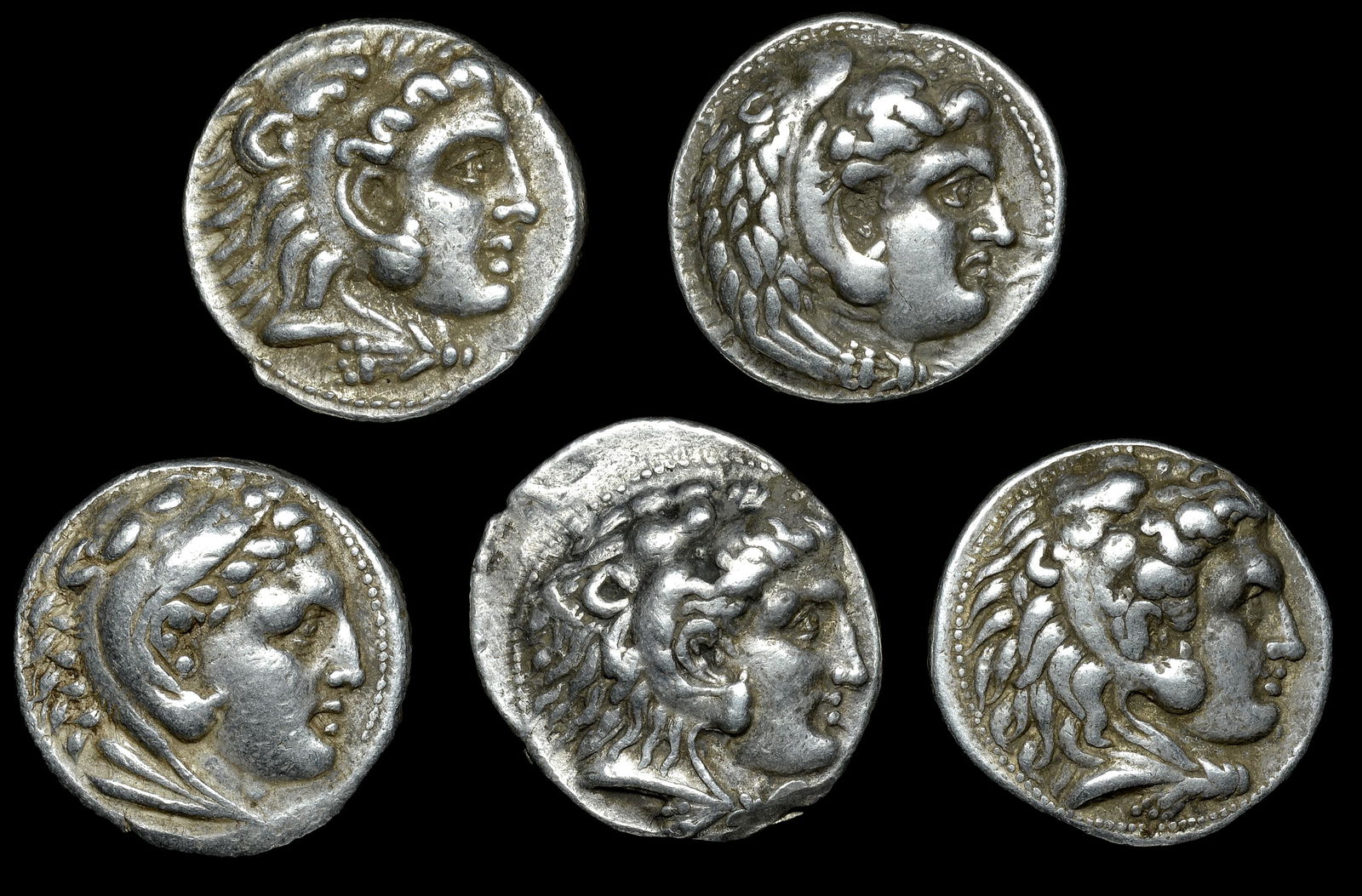 Ancient Coins from Various Properties: Ancient Coins â€“ Lots, Tetradrachms (5), in the name and types of Alexander III, Amphipolis, Byblos, Marathus and Babylon (2) (Price 462, 3426, 3439, 3617, 3746) [5]. About very fine £200-